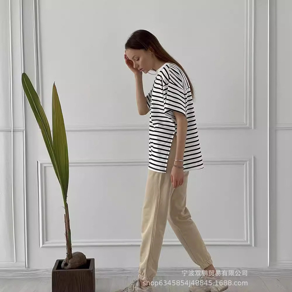 Womens Striped Cotton T Shirt Loose Fit Long Sleeve Split Hem Casual Spring Summer Style Wholesale Available