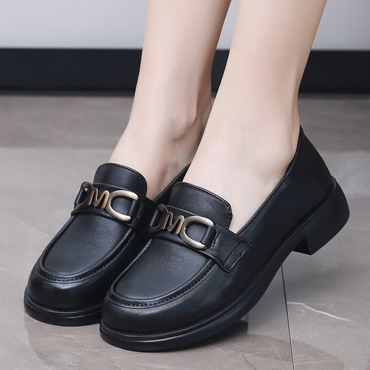 Spring New Mother's Shoes Loafers Korean Style Fashion Slip-On Work Shoes First Layer Cowhide Square Heel Women's Leather Shoes