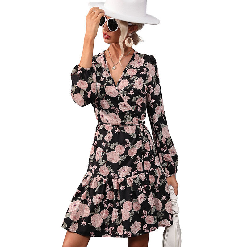 Vintage Floral Ruffle Hem Dress Lantern Sleeve V Neck Autumn Style Perfect for Casual Outings OEM Available