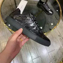 European and American Fashion Paris-Style Low-Top Genuine Leather Couple's Shoes, Black Crackle Casual Sneakers, Factory Wholesale