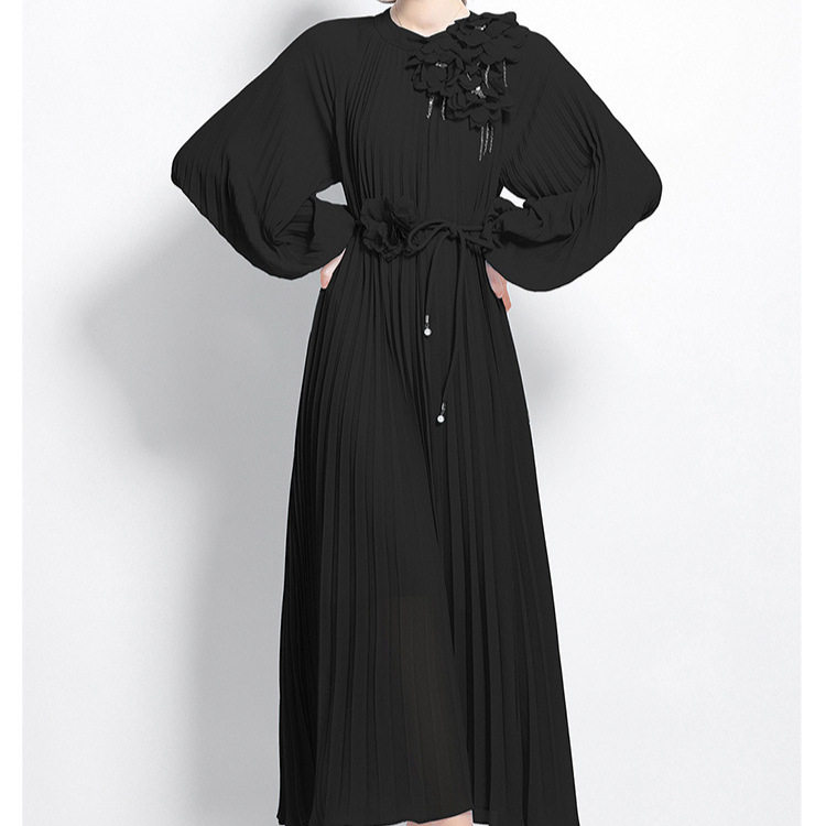 Elegant Womens Dress French Beaded 3D Floral Design Lantern Sleeves Pleated Waist Defined Wholesale Available