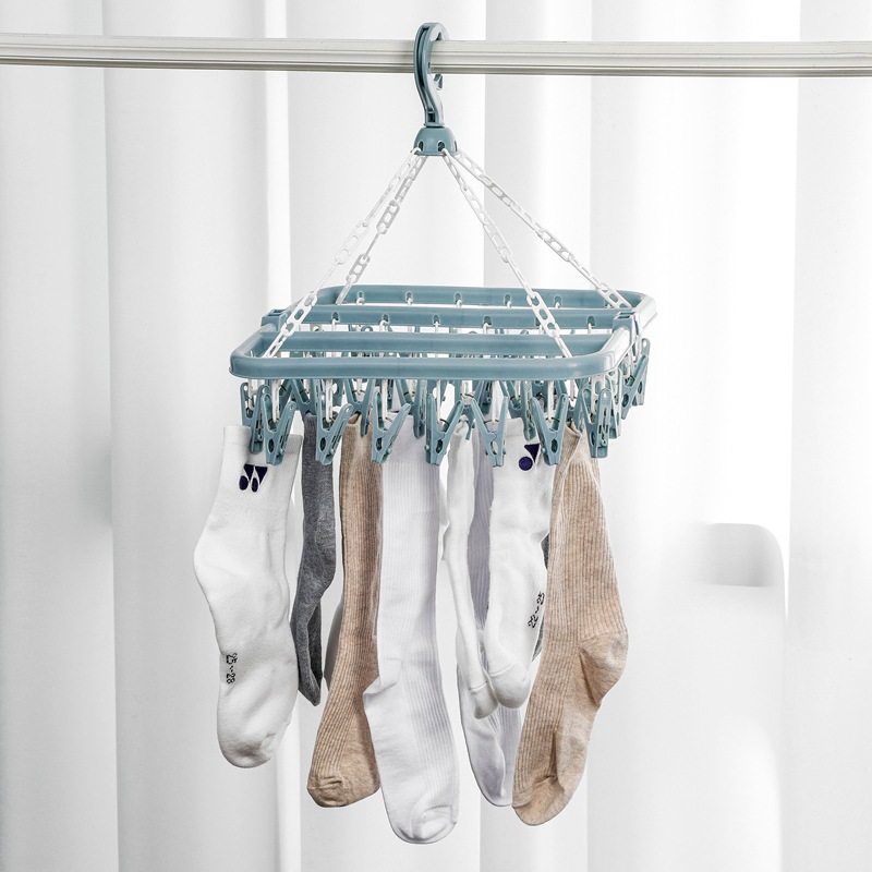 Folding Hanging Clothes Hanger 32 Clips Multi-Functional Windproof Sock Clip Clothes Drying Rack Household Plastic Clothes and Socks Drying Rack