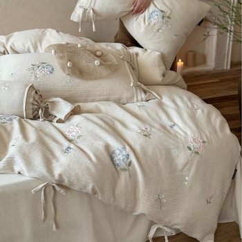 French-Style Light Luxury All-Cotton Retro Linen Four-Piece Set Pure Cotton Japanese-Style Natural Wood Color Wabi-Sabi Homestay Bedding