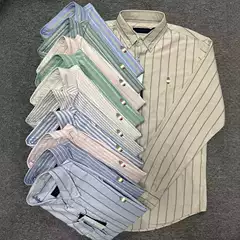 Men's Long-Sleeve Shirt, Spring and Autumn Casual Striped Oxford Fabric Men's Shirt with Small Colorful Horse Logo, Long-Sleeve Shirt Top Jacket