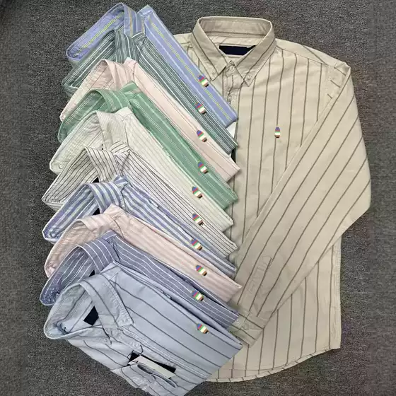 Men's Long-Sleeve Shirt, Spring and Autumn Casual Striped Oxford Fabric Men's Shirt with Small Colorful Horse Logo, Long-Sleeve Shirt Top Jacket