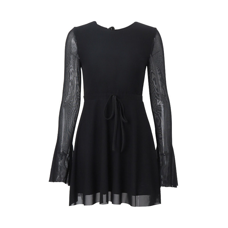 Womens Long Sleeve Mesh Dress Round Neck Flared Hem Elegant Style Perfect for Winter Events Wholesale Available