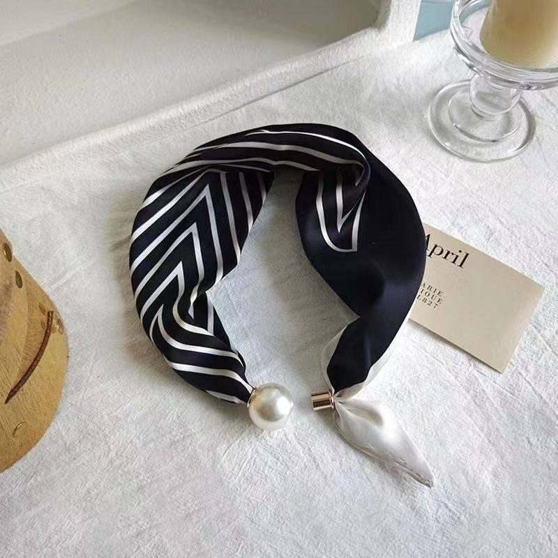 New Magnetic Buckle Pearl Silk Scarf Necklace Women's Summer Thin Clavicle Chain French Retro Small Scarf Decorative Scarf
