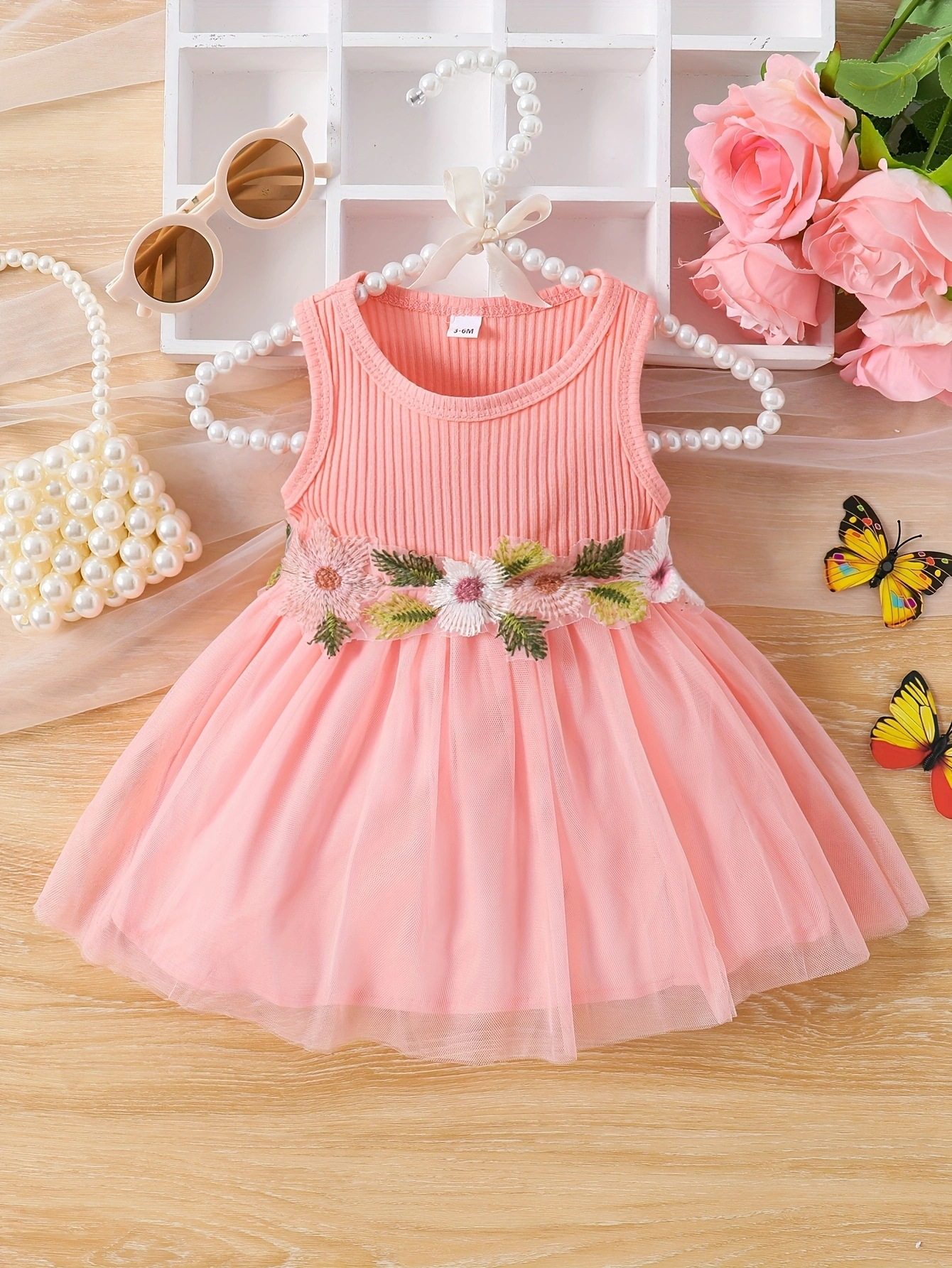 infant and toddler girls summer style sleeveless waist flower splicing mesh sweet dress
