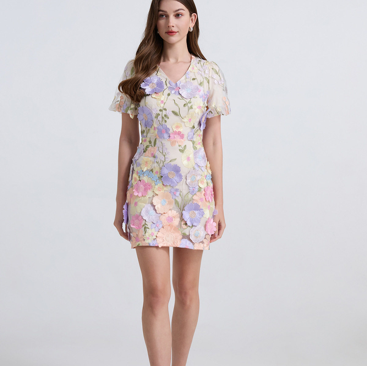 Elegant Summer Dress Vintage French Style V Neck Lantern Sleeves Embroidered Tulle Cinched Waist Puff Sleeves