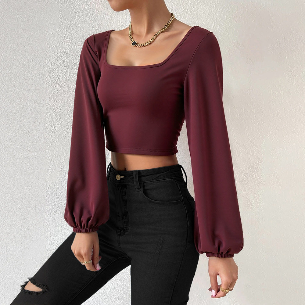 Wine Red Square Neck Short Knit Top for Women Long Sleeve Vintage Lantern Sleeves Slim Fit Spring Summer Casual Wear