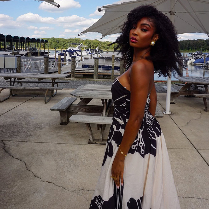 Color Block A Line Dress Black and White Print Off Shoulder Neckline Casual Style Wholesale Available