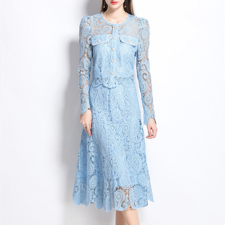Chic Two Piece Set Elegant Water Soluble Lace Shirt and Skirt Fall Fashion for Women Wholesale Available