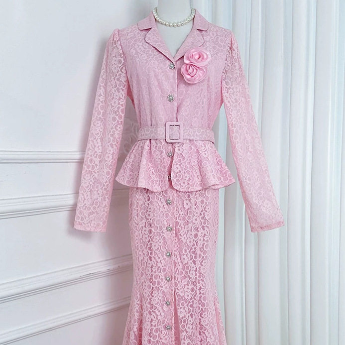 French V Neck Lace Hollow Floral Dress Long Sleeve Waist Defining A Line Silhouette Spring Office Wear Wholesale
