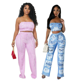 CY901310 European and American Sexy Strap Top Slim Fit Micro Trousers Fashion Printed Two-piece Set Without Pocket