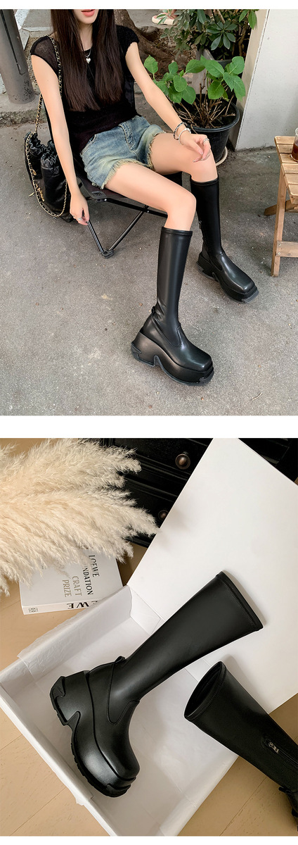 Boot nữ cổ cao ôm bắp chân gót vuông 9cm tăng chiều cao, đế dày chống trượt — Da sáng chế màu đen lót nhung ống nhỏ, Lót nhung ống nhỏ màu be, Màu đen bằng sáng chế da ống nhỏ bên trong, Màu đen da bò ống nhỏ lót một lớp