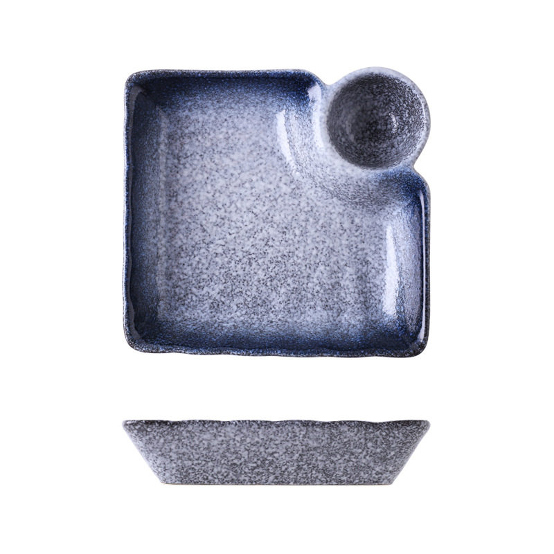 Square Dumpling Plate Japanese-Style Dipping Sauce Dish Ceramic Dumpling Plate with Vinegar Compartment Creative Compartmentalized Plate for Dumplings