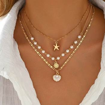 European and American Cross-Border Jewelry Simple Starfish Shell Pendant Necklace Holiday Style Pearl Clavicle Chain Necklace for Women
