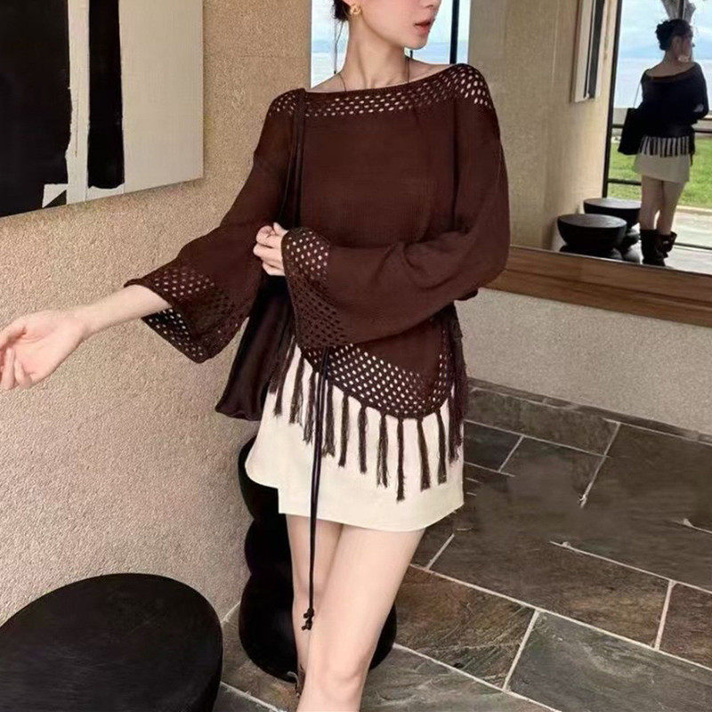 法式高级感超好看上衣别致独特杏色一字领镂空拼接流苏罩衫T恤女