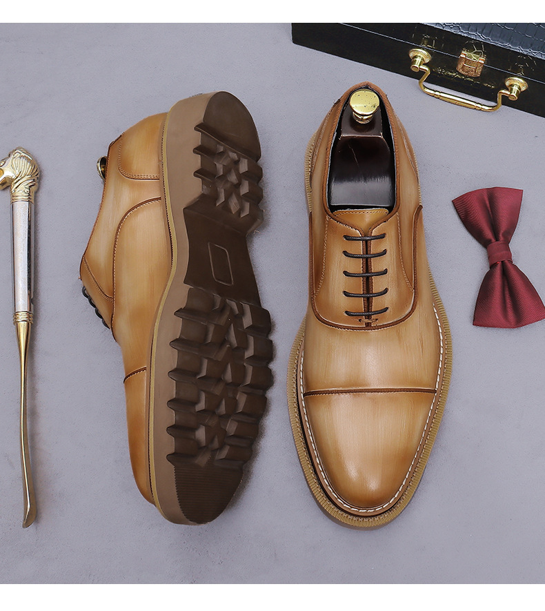 Giày Oxford nam da bò thật mũi tròn ba đường may, giày công sở và giày cưới — màu đen, Màu trắng, Màu be