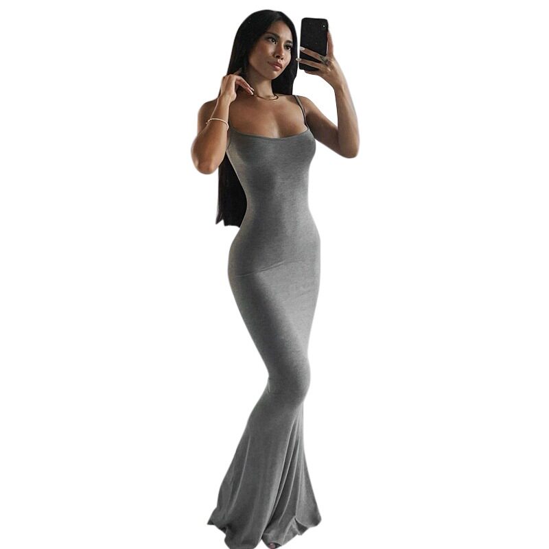 Womens Solid Color Bodycon Maxi Dress Spaghetti Straps Mermaid Hem Peach Butt Lift Elegant Evening Wear Wholesale