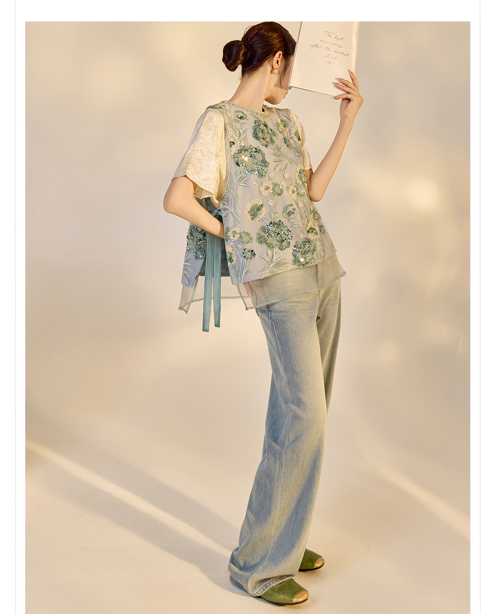 Áo vest nữ thêu cườm đính đá cổ tròn phối hoa văn — Jiyue Blue (giao hàng trong 7 ngày), Jiyue Blue (phát hành cùng ngày)