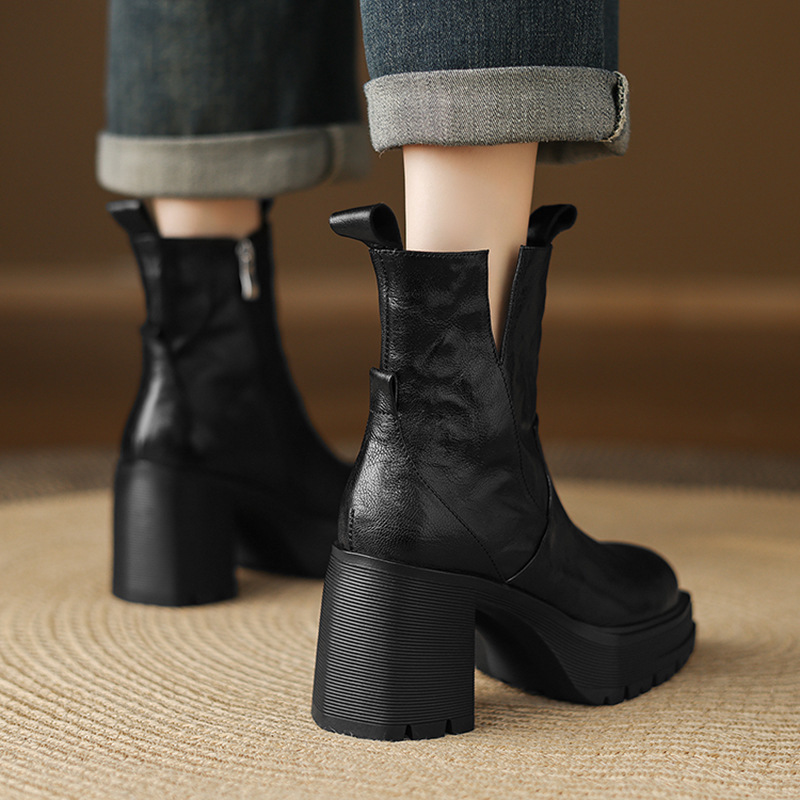 Boot Chelsea nữ gót cao đế dày mũi vuông lót lông cổ V — Lớp lót đơn màu đen, Lớp lót đơn màu nâu