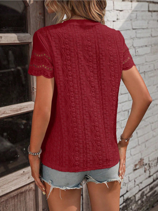 Casual Short Sleeve V Neck Shirt Summer Ready Solid Color Pleated Design Embroidered Details Wholesale Available