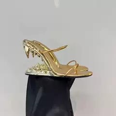 2026 New Foreign Trade Model Round-Toe Slip-On Metal Toothed High-Heeled Sandals Open-Toe Hollow-Out Irregular Heel Large Size Women's Shoes