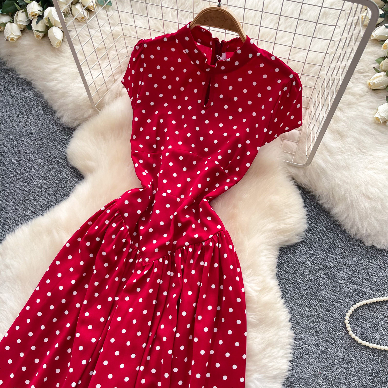 Vintage Red Short Sleeve Polka Dot Dress High Waist A Line Silhouette Summer Casual Wear for Work Wholesale Available