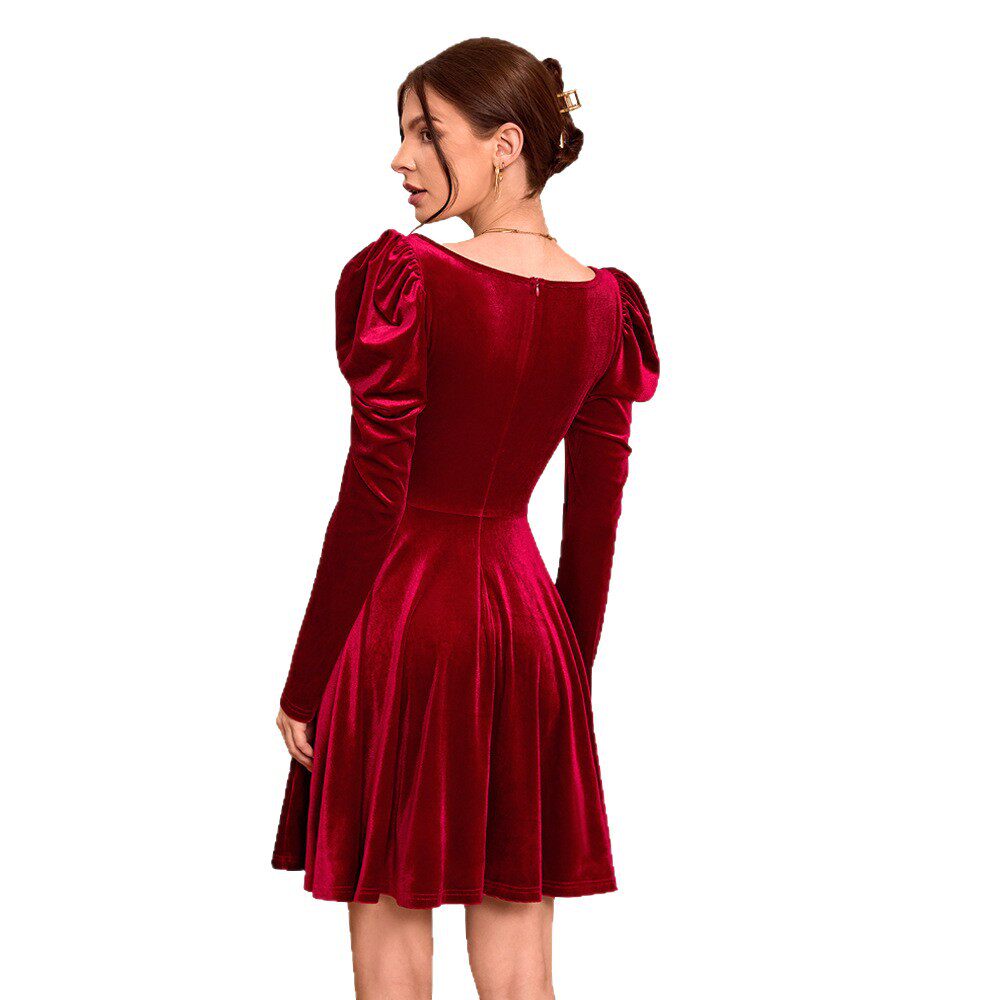 French Style Midi Dress Burgundy Color High Waist Korean Velvet Fabric Spring Summer Fashion Wholesale Available