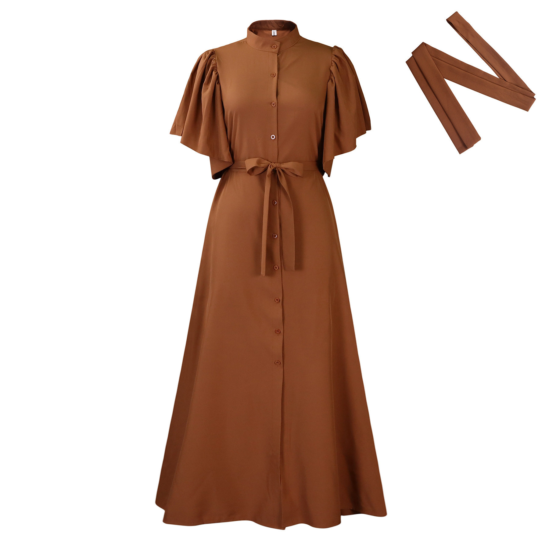 Fashionable Summer Long Dress Loose Fit Belted Single Breasted Flared Sleeves Perfect for Casual Outings