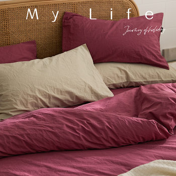 Japanese natural concept pure A pure color simple three or four-piece set 100% pure cotton washed cotton cotton bed sheet yarn-dyed