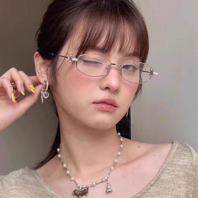 2025 New Gm Diamond-Encrusted Metal Glasses Frame for Women, High-End, Fashionable and Plain, Can Be Matched with Prescription Myopia Flat Glasses