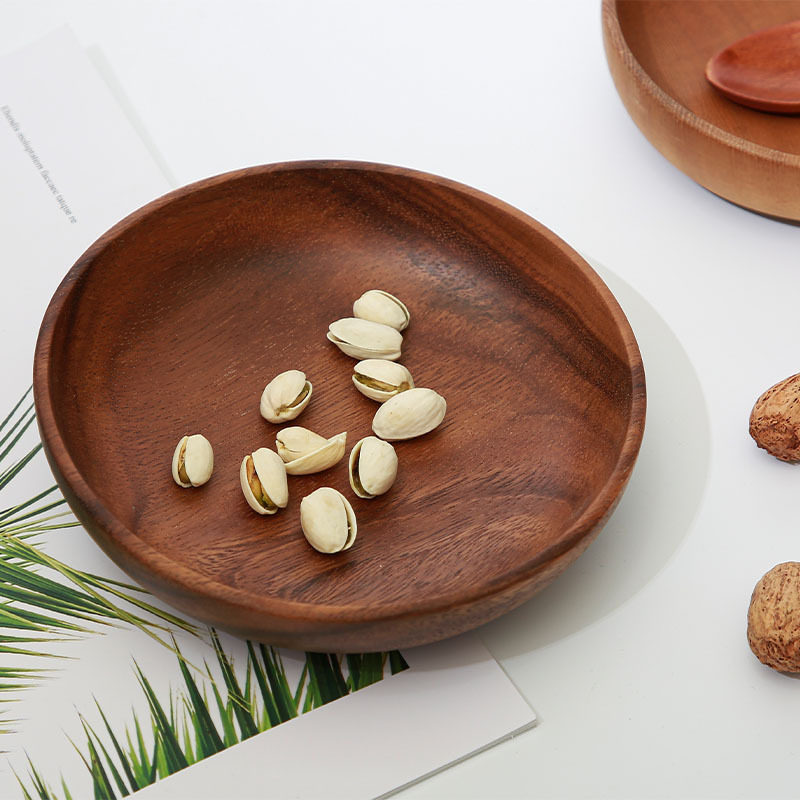 Japanese-style solid wood round plate creative fruit plate acacia wood household plate multi-specification melon and fruit dessert wooden plate carving