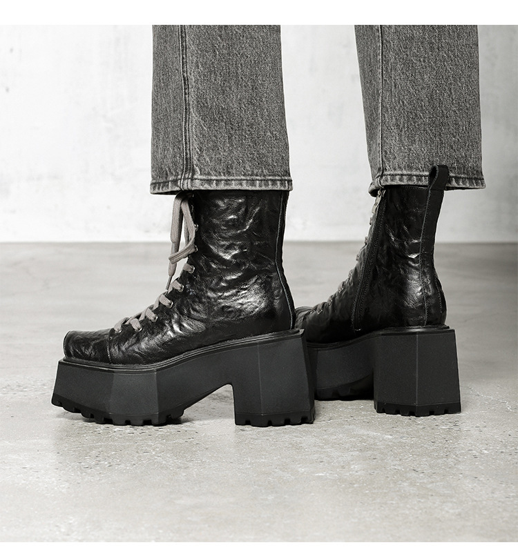 Boot Martin nữ đế dày 9cm mũi vuông gót thô tăng chiều cao — Màu đen lót một lớp, Màu đen lót nhung, Màu nâu lót một lớp, Màu nâu lót nhung