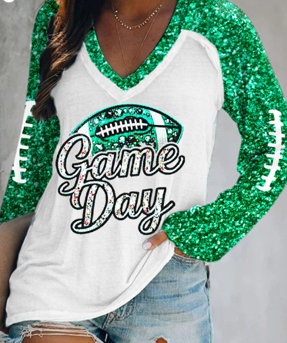 外贸跨境夏季女装简约休闲v领长袖T恤印花T恤女 独立站厂家货源