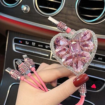 New Diamond-Encrusted Car Data Cable, One-To-Three Full Diamond High-End Car Data Cable Suitable for Apple Iphone, Cross-Border