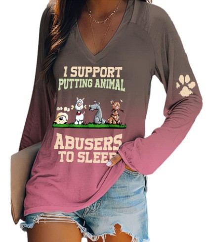 外贸跨境夏季女装简约休闲v领长袖T恤印花T恤女 独立站厂家货源