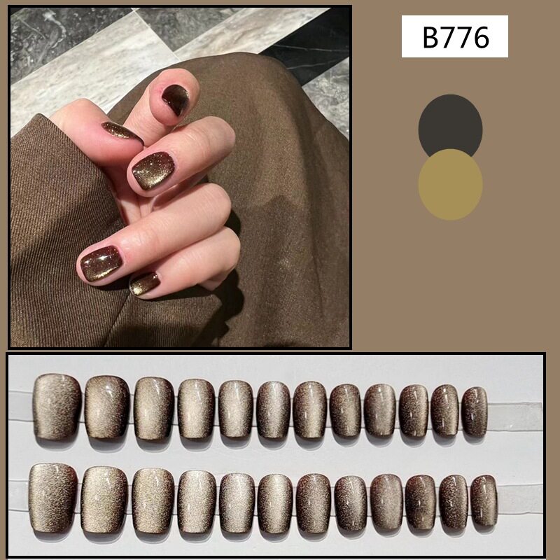 Wearing nail B776 mocha cat eye short ladder 24 pieces white flashing autumn and winter elegant nail art fake nail patch