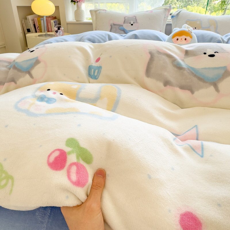 Fresh and Simple Winter A-Class Thickened Milk Velvet Four-Piece Cartoon Dormitory Plus Velvet Coral Velvet Three-Piece Single Duvet Cover Set 4