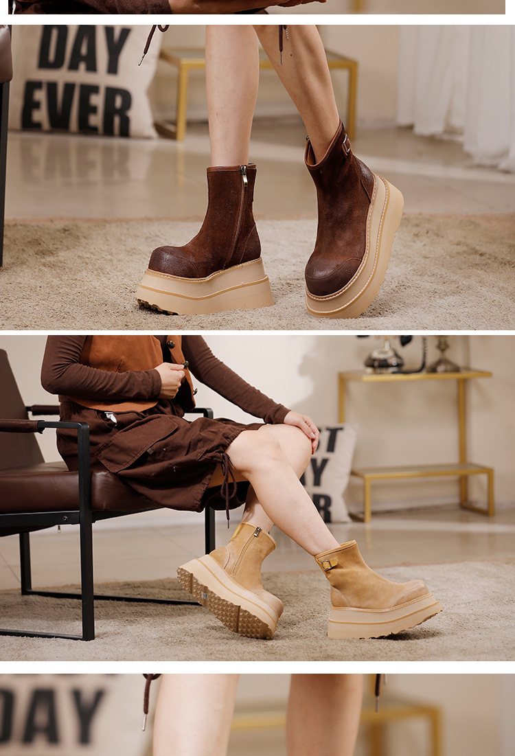 Boot nữ cổ ngắn da bò thật đế dày tăng chiều cao, thiết kế cá tính nhẹ nhàng — màu, màu cà phê