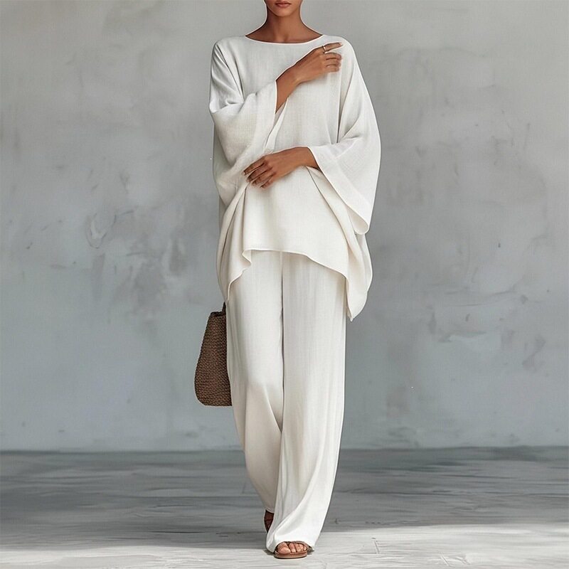 Spring Womens Fashion Set Loose Fit Solid Color Batwing Sleeve Wide Leg Pants Casual Wear Wholesale Available