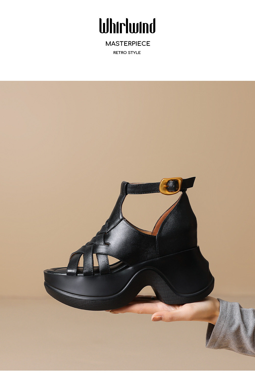 Sandal nữ da bò đan kiểu retro, gót đế xuồng 8 cm, hở mũi — [Đen], [Trắng kem] chi tiết 11