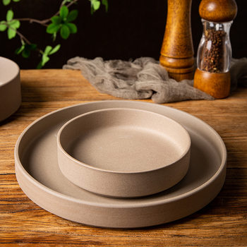 Original earth-colored stoneware tableware dinner plate household dish plate retro unglazed clay bowl rice bowl soup bowl ceramic round tray