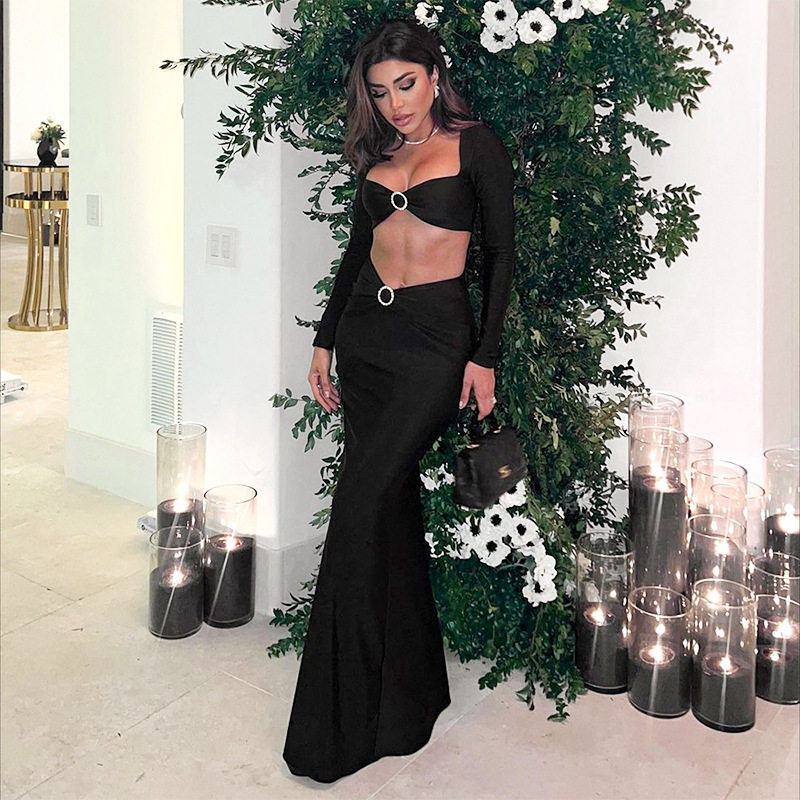 Elegant Womens Two Piece Set Sexy Hollow Out Crop Top and Skirt Metal Button Design Perfect for Red Carpet Events