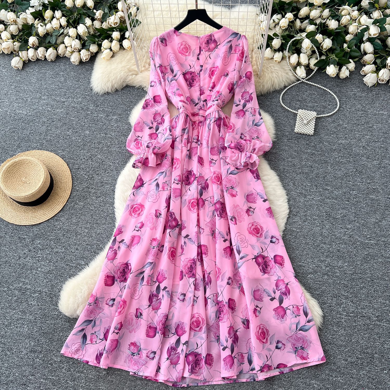 Elegant French Style Maxi Dress for Women High End Waist Defining Floral Print Lightweight Chiffon Perfect for