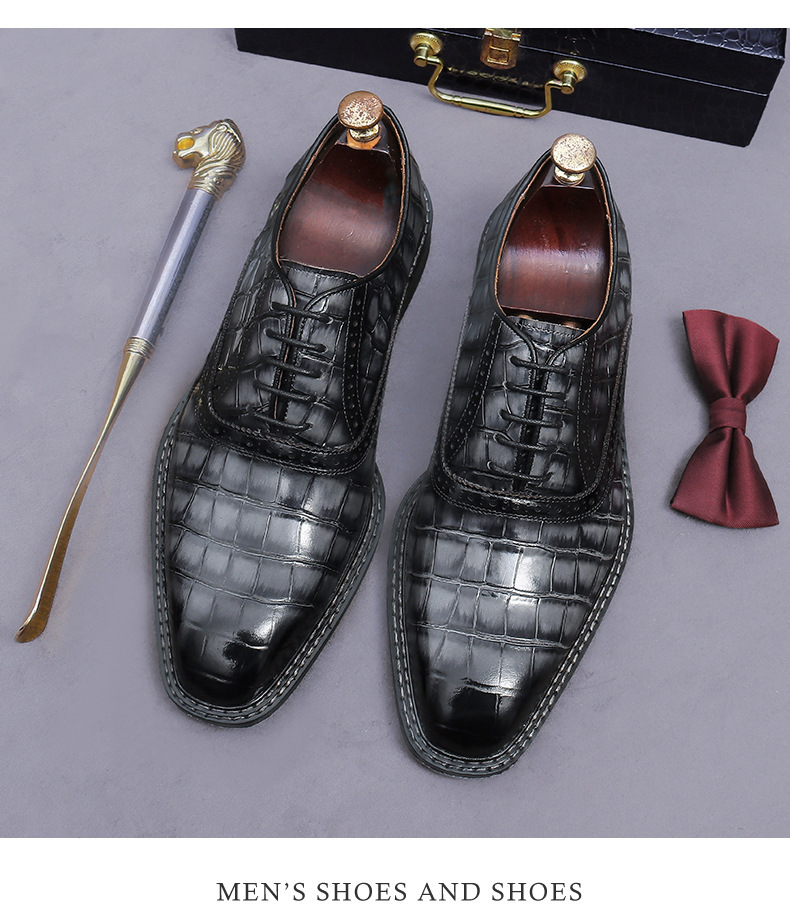 Giày Oxford nam da bò thật họa tiết kẻ sọc phong cách Anh Quốc — Xám xanh, Màu caramel