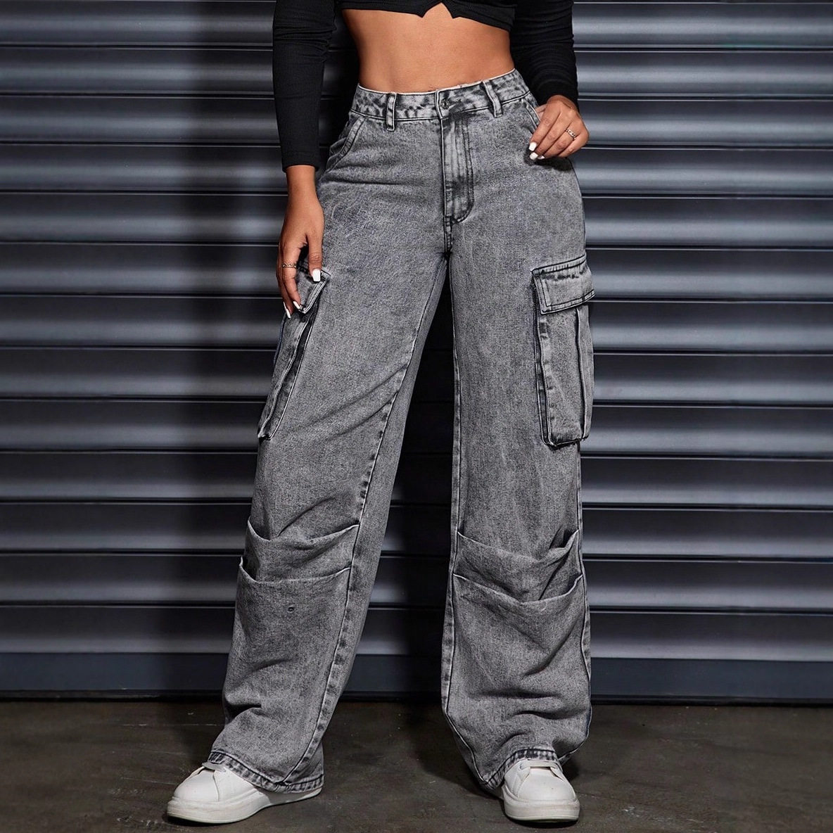 Womens High Waisted Denim Trousers Pocket Design Trendy Street Style Casual Wear Wholesale Available