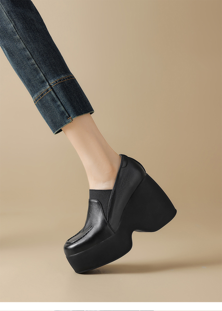 Giày cao gót nữ đế xuồng platform da bò mũi tròn gót 9cm — Màu đen