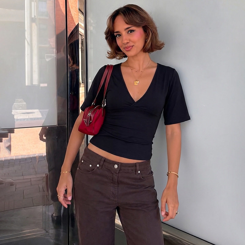 Womens Summer T Shirt Solid Color Slim Fit Deep V Neck Short Sleeve Versatile Casual Wear Wholesale Available